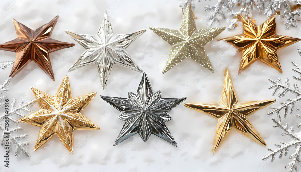 Fototapeta premium Metallic Star Ornaments Gold Silver Bronze