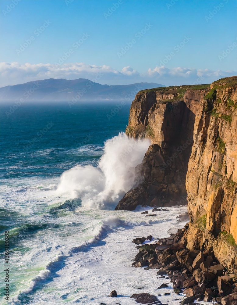 Fototapeta premium Waves Crashing Against Jagged Cliffs Sending Spray Into the Salty Air
