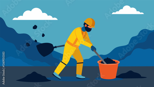 A worker in protective gear scooping up the coal ash waste with a bucket trying to contain the damage.. Vector illustration
