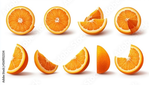 Set of Pixelated Orange Slices Cut in Half Isolated on White Background Featuring Fresh Juicy Citrus Fruits for Healthy Eating and Vitamin Rich Diet
