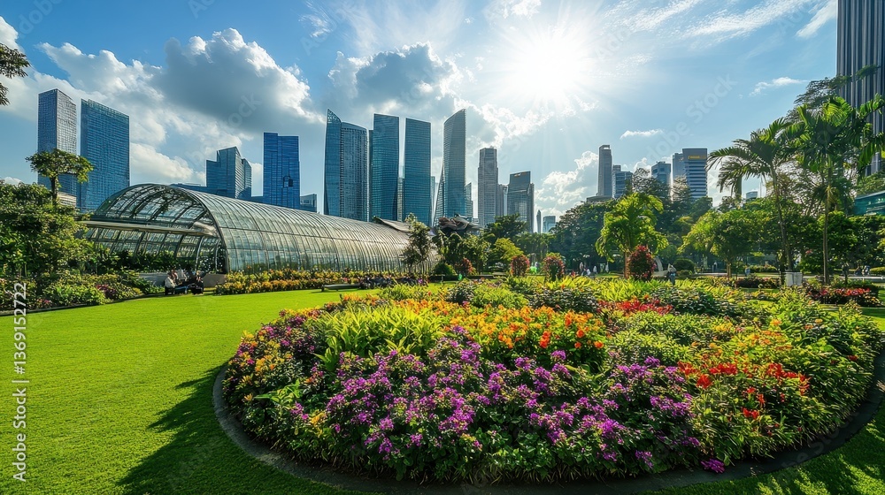 Fototapeta premium A vibrant garden with colorful flowers and modern skyscrapers under a bright sky.