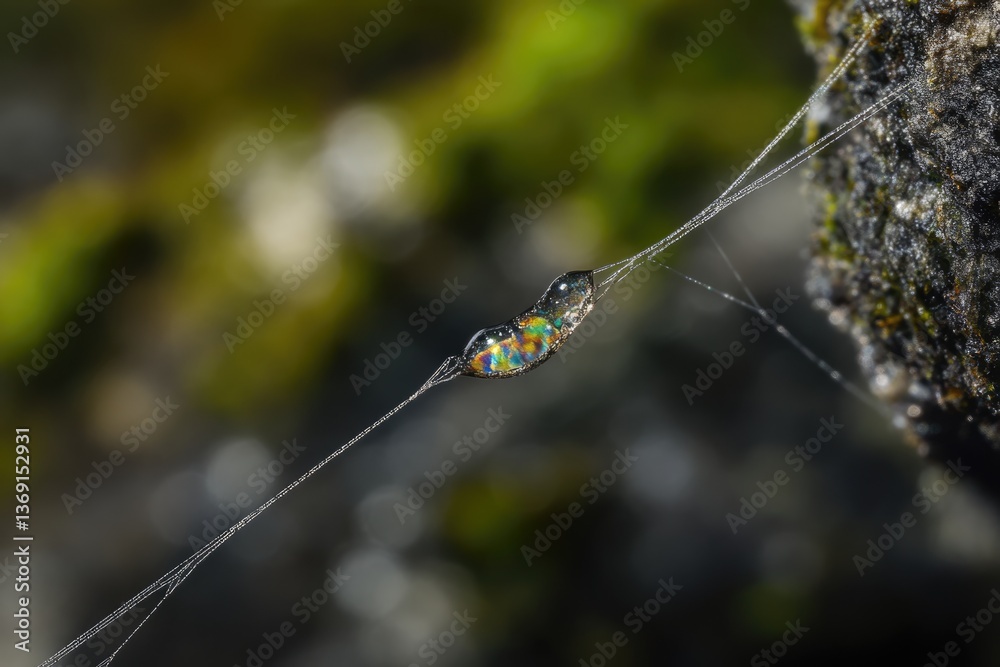 Obraz premium A vibrant, iridescent water droplet clings to a delicate spiderweb strand against a blurred natural background.