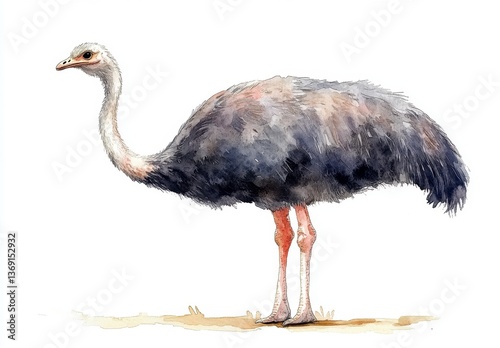Watercolor Illustration of an Ostrich in Full Body Simple Design Standing on a White Background