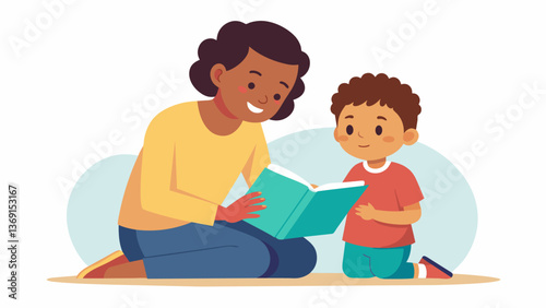 A volunteer teaching a child how to read at a literacy program both fully engaged in the story.. Vector illustration