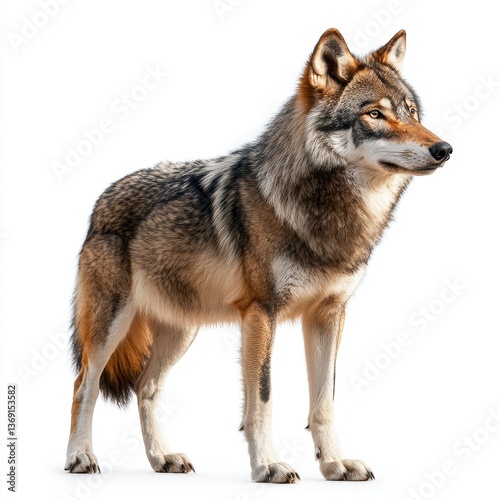 Full Body Portrait of a Standing Wolf Isolated on White Background with Gray Fur and Detailed Texture in Natural Lighting