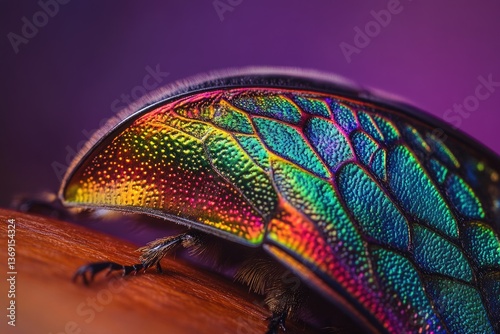 Close-up of a beetle's iridescent elytra showcasing vibrant rainbow colors and intricate texture.