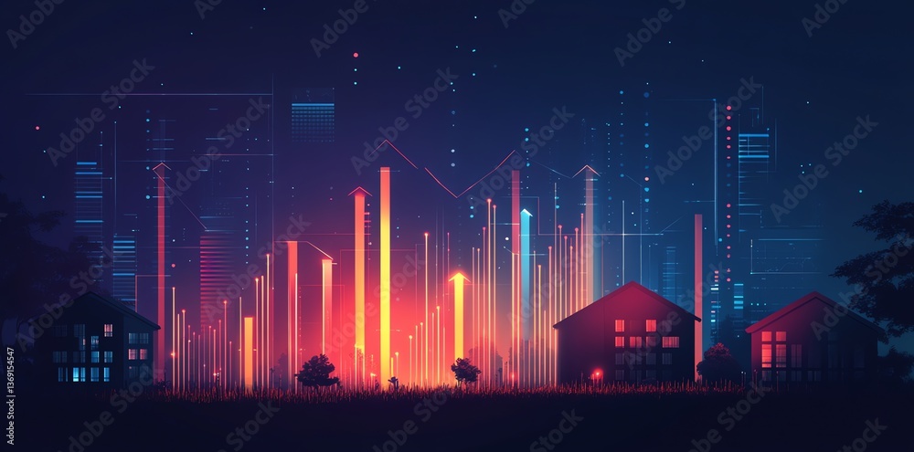 Rising Property Value With Digital Growth Chart Overlay and Dark Houses Rising Property Value With Digital Growth Chart Overlay and Dark Houses