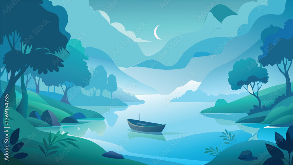 Obraz premium Serene Lakeside Landscape at Dusk Tranquil Boat on Calm Water Mountain Scenery