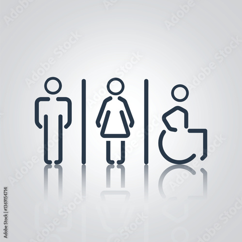 Unique pictograms of a man and a woman, unique design wheelchair, signs, icons, dark color, character