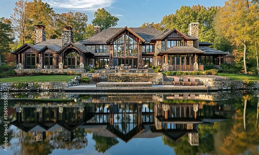 Elegant lakeside lodge surrounded by autumn foliage, reflecting on calm waters, ideal for retreats Elegant lakeside lodge surrounded by autumn foliage, reflecting on calm waters, ideal for retreats