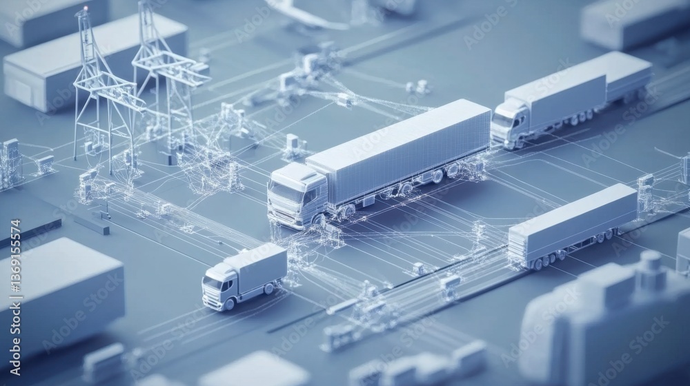 A D render of a complex logistics network with trucks, ships, and planes interconnected. A D render of a complex logistics network with trucks, ships, and planes interconnected.