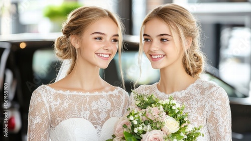 Two elegant brides in beautiful wedding dresses posing together with joyful expressions
