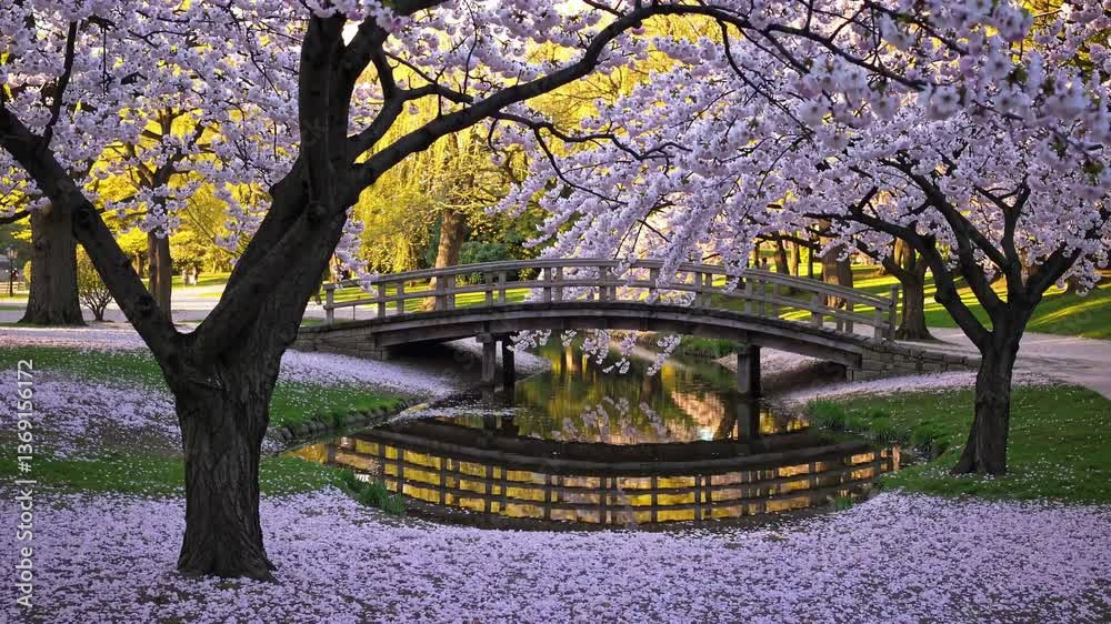 Cherry blossom petals carpeting green ground near wooden bridge, reflecting in calm pond surrounded by blossoming trees in serene springtime park landscape