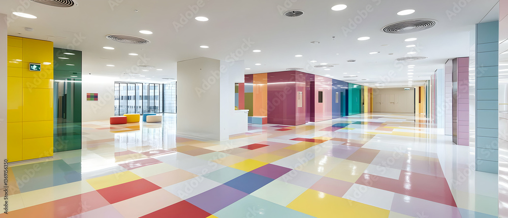 Bright Pastel Hallway with Geometric Tile Floor and Colorful Walls