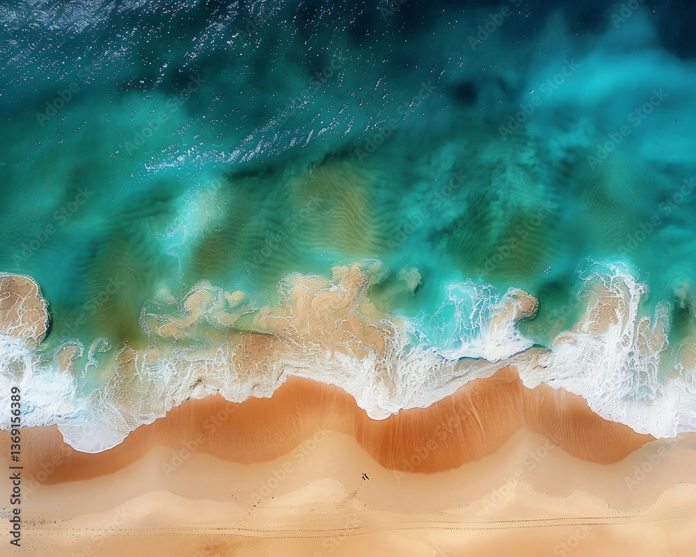 Fototapeta premium Dynamic aerial photography of tranquil shoreline vast open beach meeting endless horizon ocean wave forming unique swirling pattern tiny solitary figure wandering near water edge footprint blending