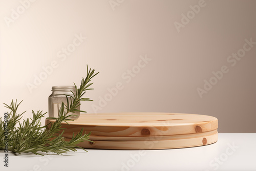 Still life of rosemary sprigs and clear jar on a wooden platform against a neutral background scene