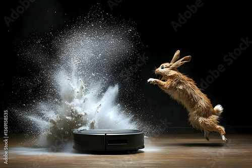 Brown Rabbit Leaping Over a Robot Vacuum Cleaner Amidst a Dust Cloud