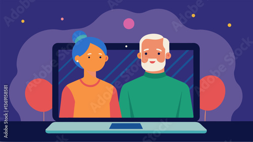 An older couple sitting side by side their faces illuminated by the bright screen of their laptop as they learn how to use video calling to connect. Vector illustration