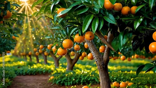 Orange trees in lush orchard with sunbeams shining through green foliage