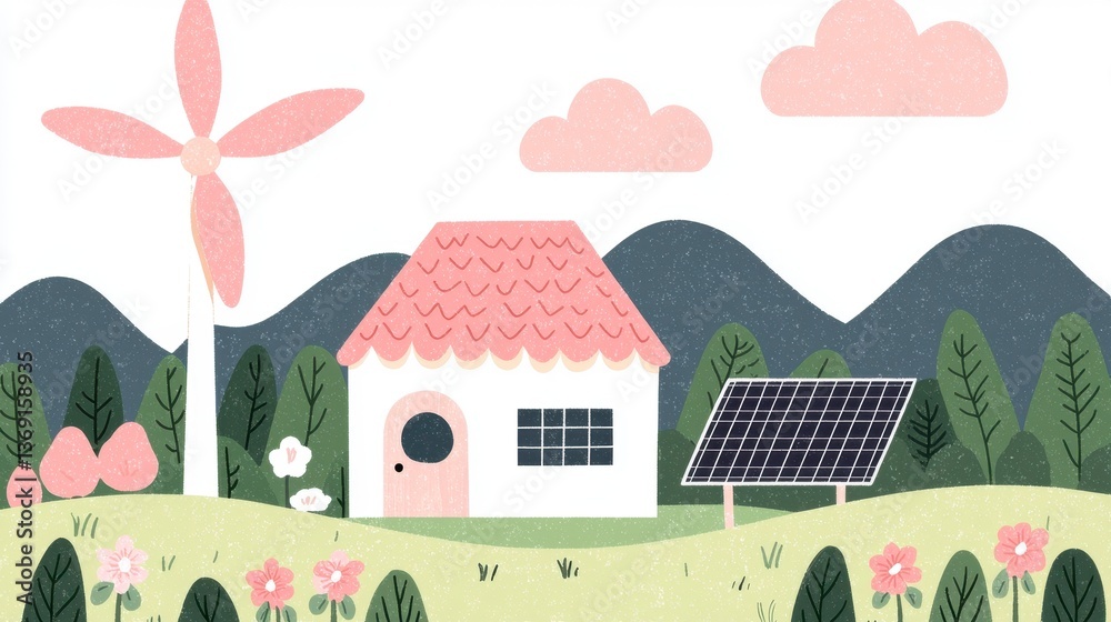 Fototapeta premium Pastel Illustration of Eco Friendly House with Solar Panels and Wind Turbine