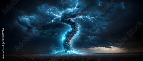 Dark Night Cityscape with a Glowing Blue Tornado