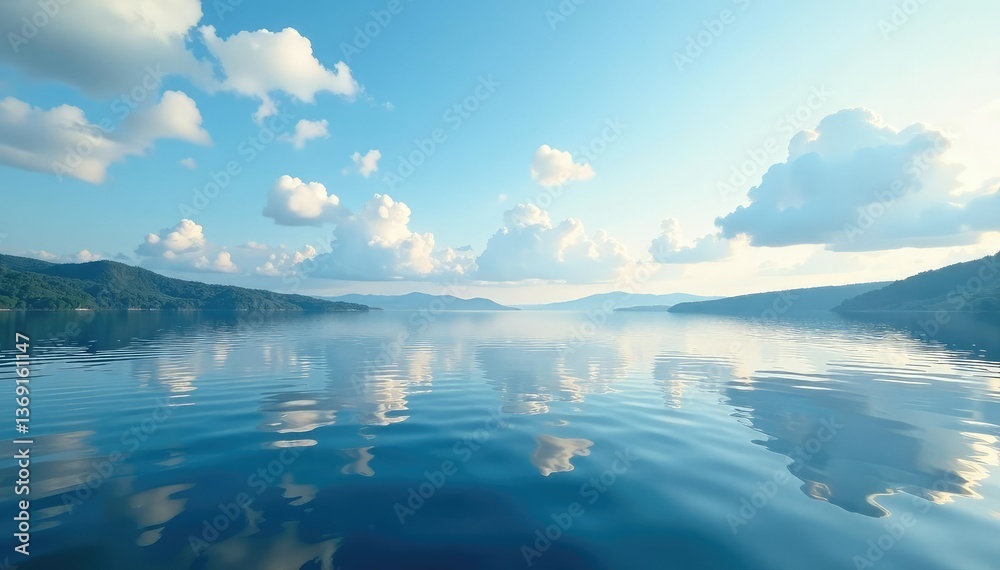 Obraz premium Calm lake surface reflecting sky, ripple patterns visible, blue, texture