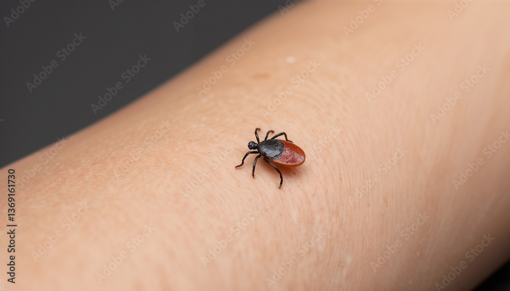 Obraz premium Close-up Macro of Ixodes Tick Crawling on Human Skin, Neutral Skin Tones, Lyme Disease Risk & Parasite Concept, for Medical Education & Public Health Warnings