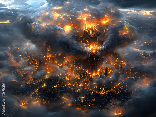 Fiery Cityscape Destruction: Aerial View of Burning Urban Landscape