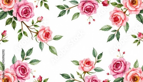 Delicate watercolor roses and leaves, repeat seamlessly , pink, stem, red