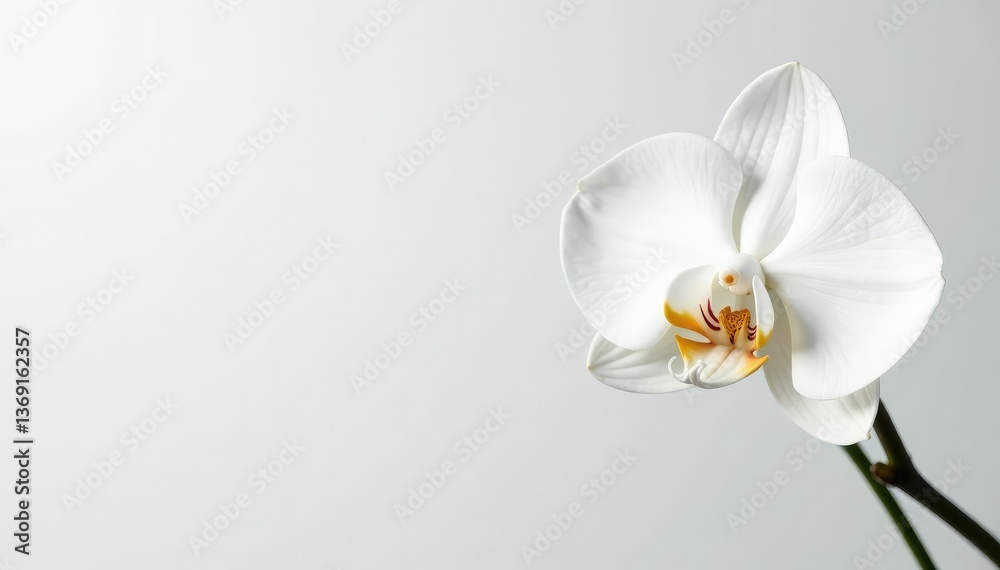 Fototapeta premium Delicate white orchid blossom against pure white backdrop, bloom, texture, white orchid