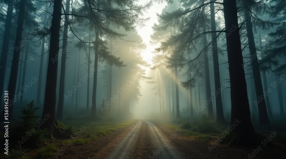 Naklejka premium Forest path with tall pines, morning fog, light rays through branches, serene ethereal vibe.