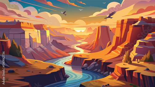 Stunning Sunset over a Serpentine River in a Majestic Canyon Landscape