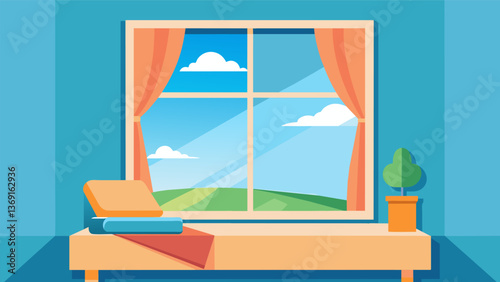 A sunlit window sill serves as the perfect reading nook complete with a cushioned seat and a view of blue skies.. Vector illustration