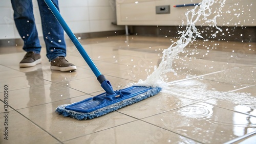 Cleaning tile floor mop splashing water shiny surface blue mop person mopping home cleaning