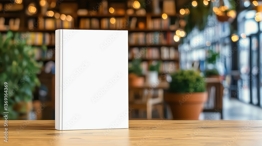 Blank white book standing upright on wooden table in cozy bookstore or library with warm lighting and blurred background Blank white book standing upright on wooden table in cozy bookstore or library with warm lighting and blurred background