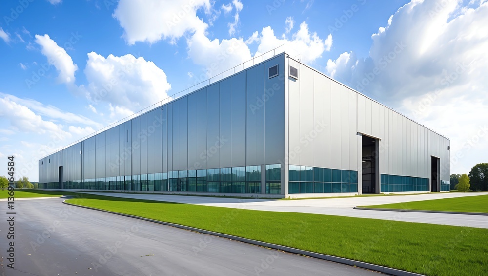 Obraz premium Modern warehouse facility attached to a factory building, designed for large-scale production, distribution, and storage. Perfect for logistics, supply chain, and industrial business operations.