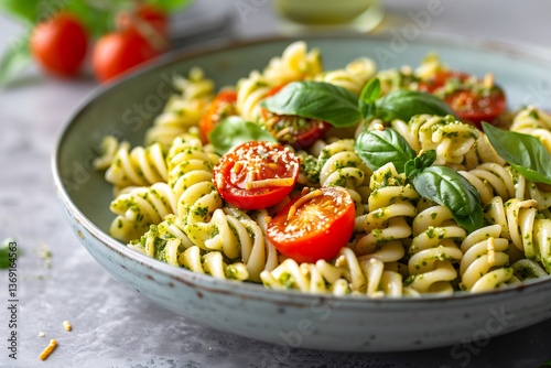 Spiral pasta plated with roasted cherry tomatoes, pesto swirl and nutritional yeast