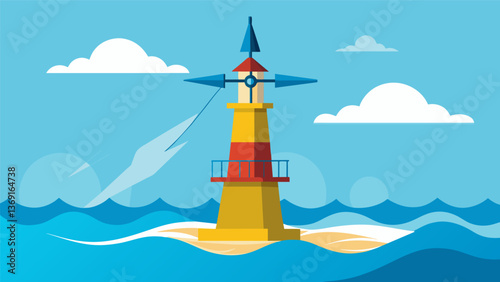 A simple but effective wave energy converter resembling a traditional windmill but utilizing the unpredictable nature of the ocean to produce. Vector illustration
