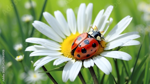 A close-up of a vibrant red ladybug with black spots resting on the yellow center of a white daisy.