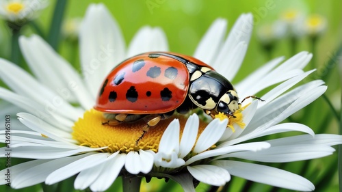 A close-up of a vibrant red ladybug with black spots resting on the yellow center of a white daisy.