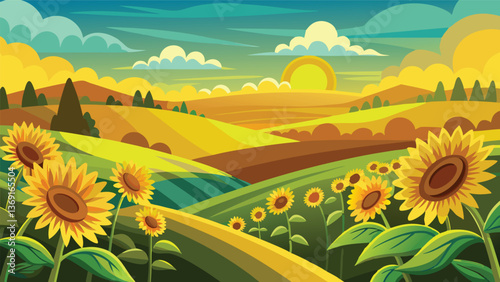 Vibrant Summer Sunflowers in Rolling Hills Landscape Illustration