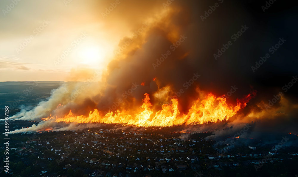 Obraz premium Wildfire Spreading Over Landscape with Dramatic Flames and Smoke