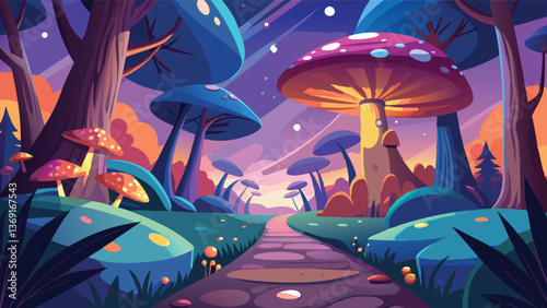 Enchanting Fantasy Forest Path Magical Mushrooms and Colorful Trees at Dusk