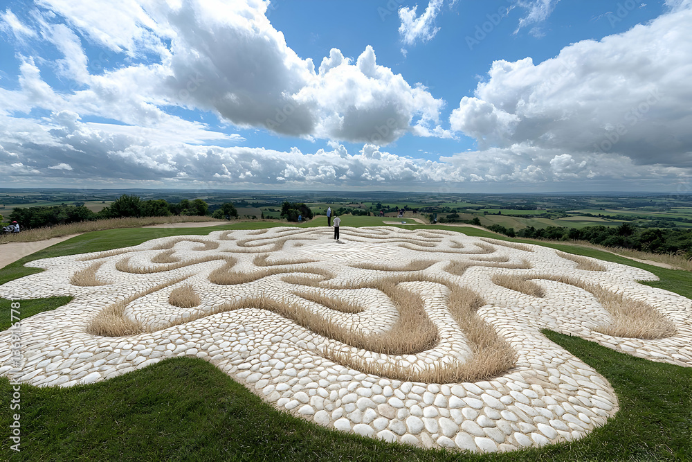 Elevated View of a Large Wheat and Stone Land Art Installation on a Hilltop Elevated View of a Large Wheat and Stone Land Art Installation on a Hilltop