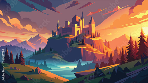 Majestic Castle on a Clifftop at Sunset A Fantasy Landscape Illustration
