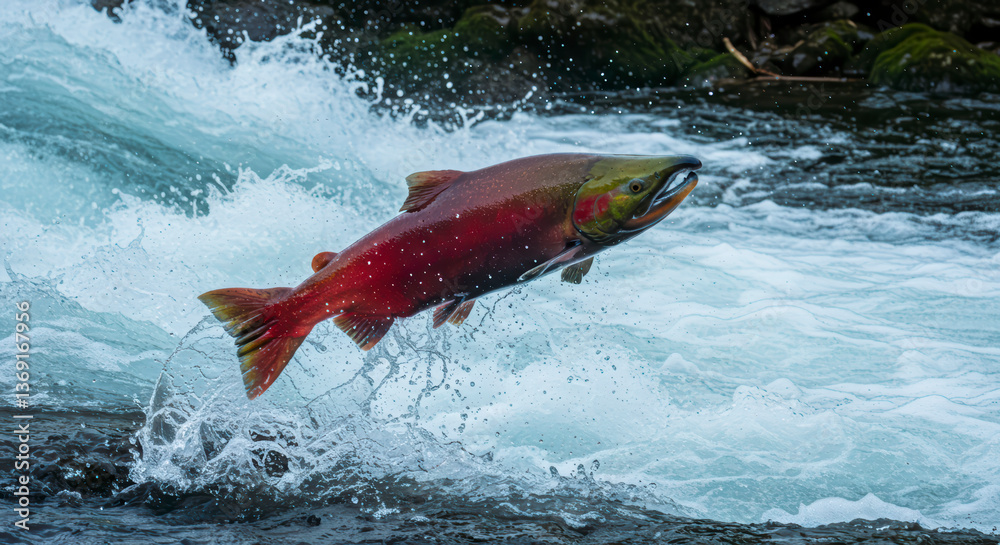 Fototapeta premium Majestic king salmon jumping upstream in flowing water