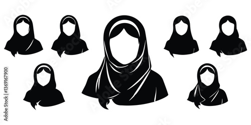 Diverse Muslim women illustration set: An illustration of diverse women wearing hijabs, representing various cultural and stylistic expressions. Silhouette Victor art