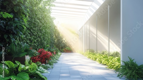 Indoor walkway with greenery on walls and plants, bathed in soft sunlight.