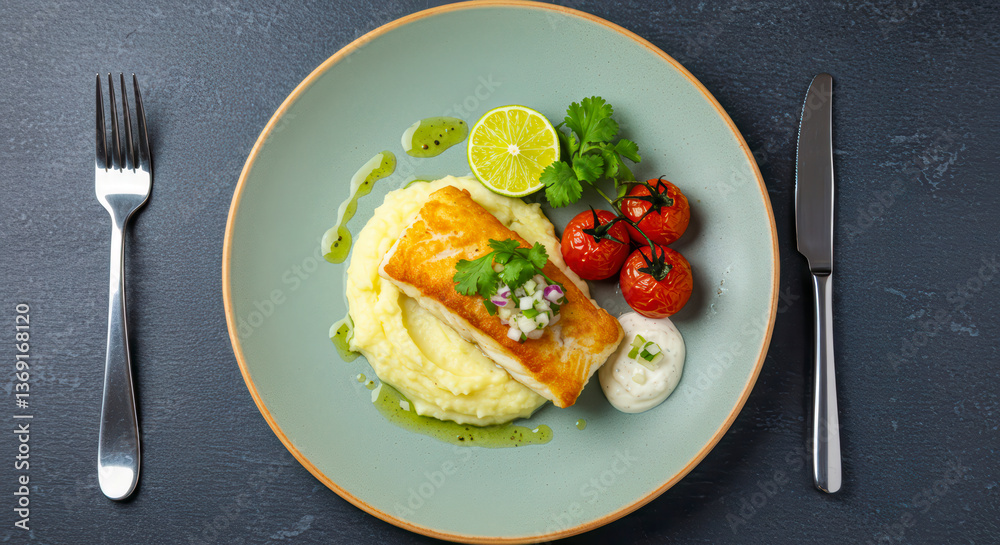 Elegant fried skrei cod fillet served with mashed potato cream and coriander lime relish on a stylish plate Elegant fried skrei cod fillet served with mashed potato cream and coriander lime relish on a stylish plate