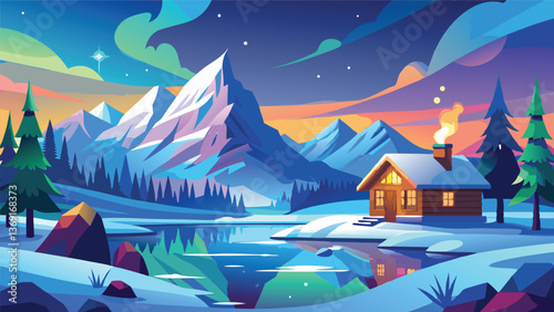 Cozy Cabin Winter Wonderland Majestic Mountains Snowy Landscape and Serene Lake